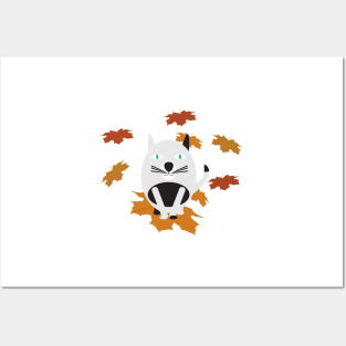 Black White Cat and Brown Fall Leaves Posters and Art